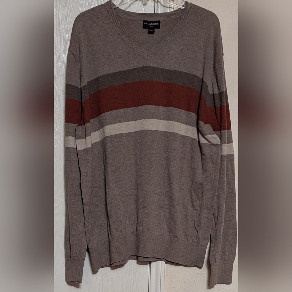 Banana Republic 100% Cotton Striped V-Neck Knit Pullover Size XL Pre-owned Exc - Picture 2 of 5